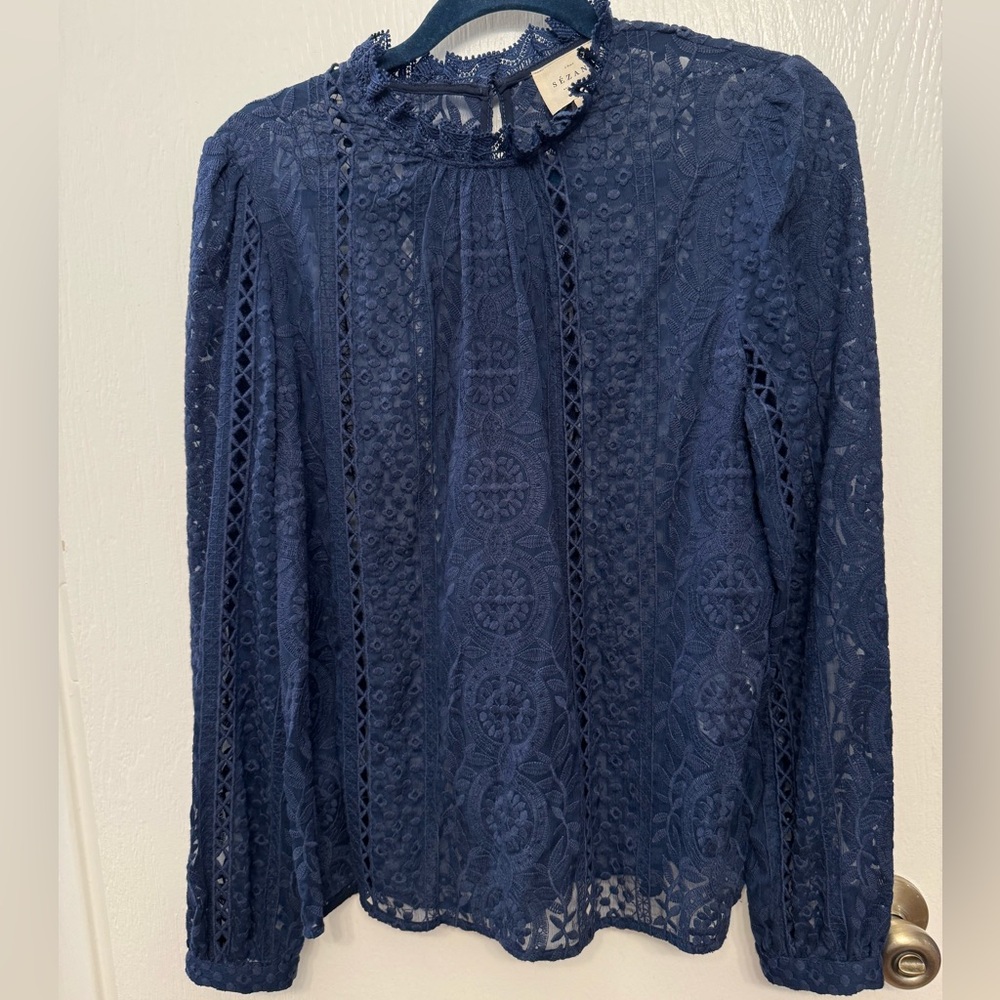Sezane Navy Lace Blouse